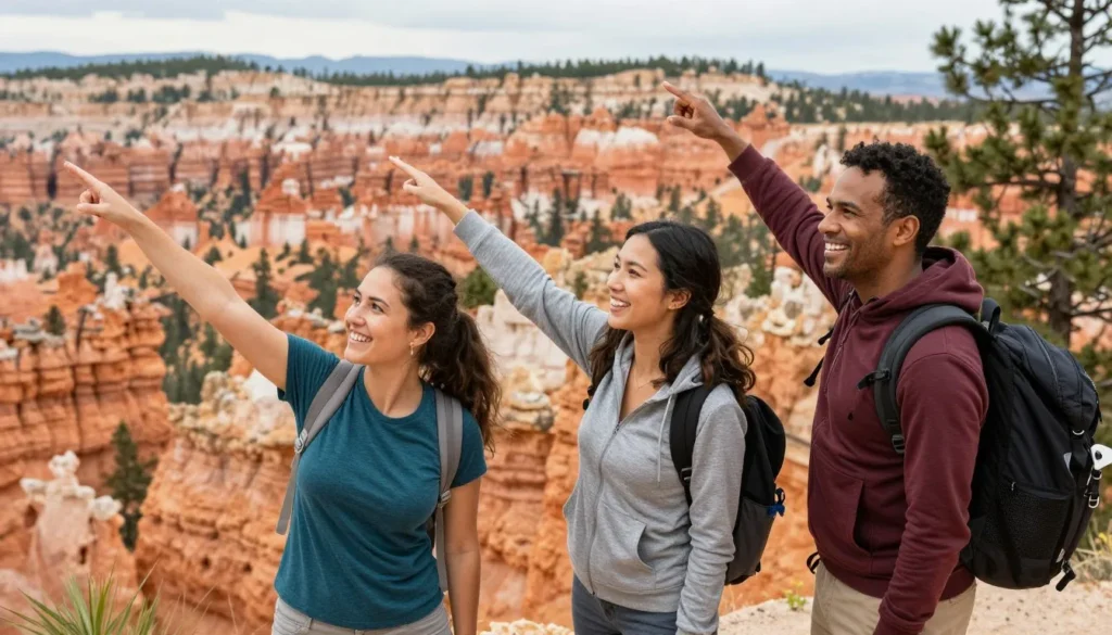 Happy diverse travelers posing at scenic plateau overlook Happy diverse travelers posing at scenic plateau overlook