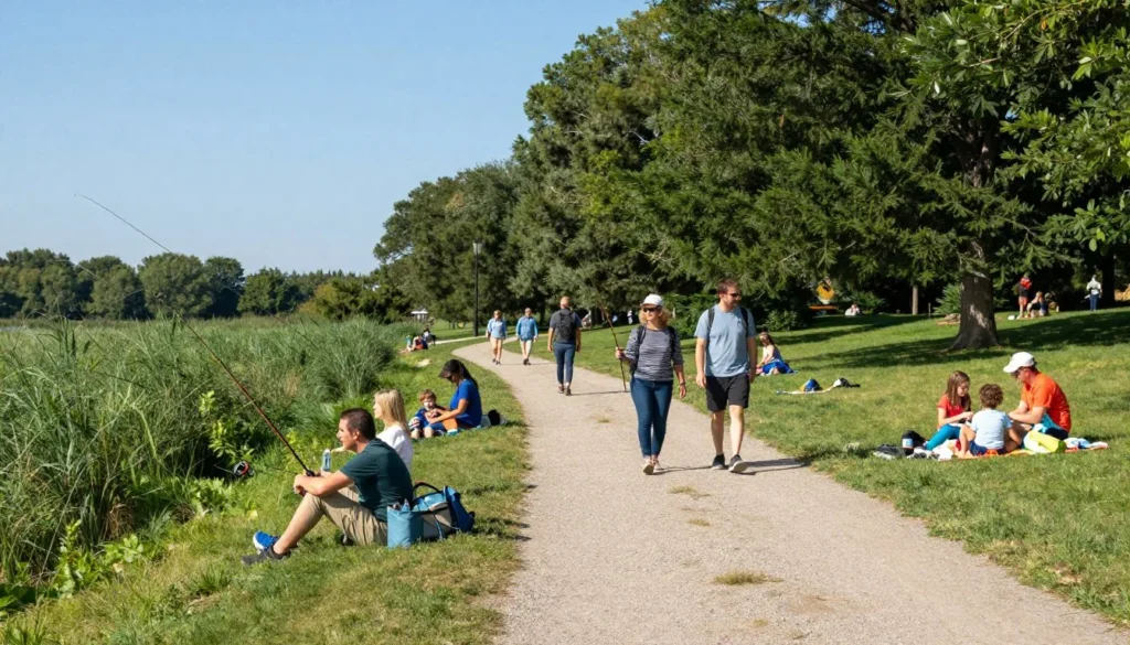 Happy diverse visitors enjoying recreational activities at St Vrain State Park on beautiful day Happy diverse visitors enjoying recreational activities at St Vrain State Park on beautiful day