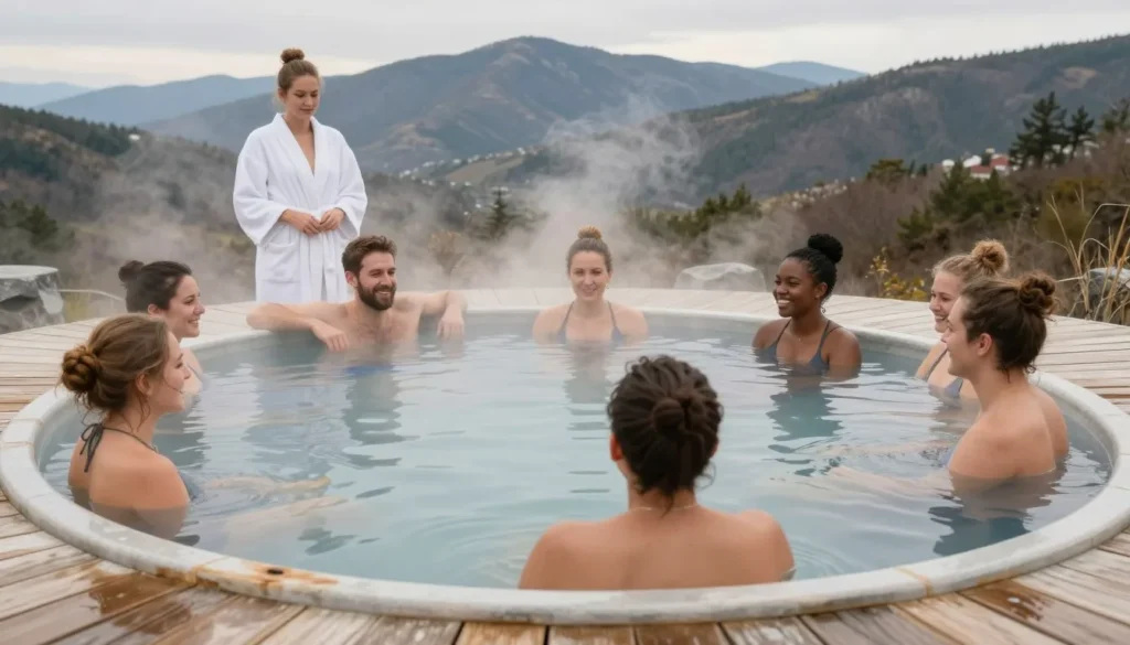 Happy diverse visitors relaxing in outdoor hot springs tubs at SunWater Spa with mountain views and steam rising