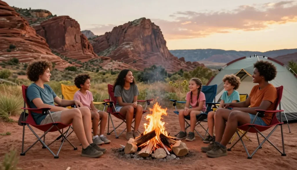 Happy family enjoying their campsite at Millsite State Park