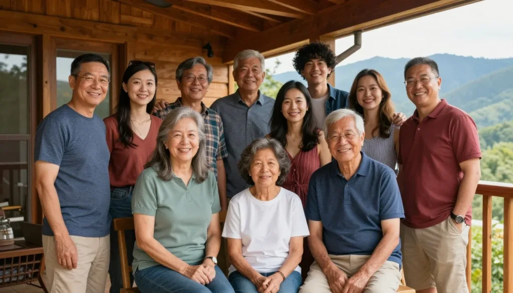 Happy family group posing together on cabin deck Tennessee Happy family group posing together on cabin deck Tennessee