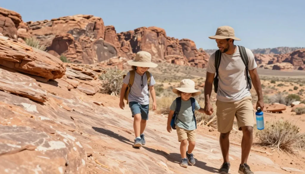 Happy family hiking together in Utah desert