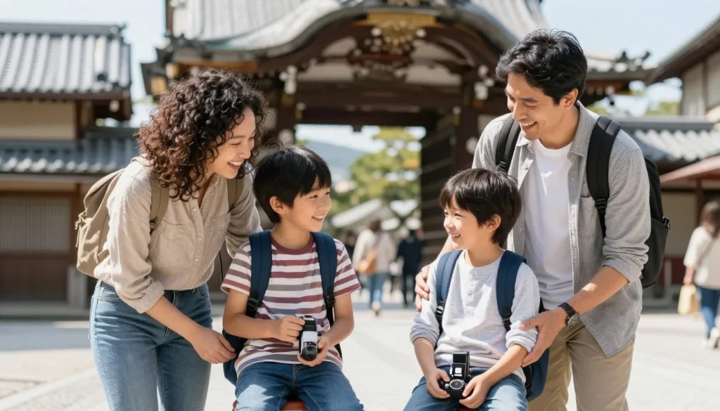Happy family with children enjoying activities at a Japanese tourist destination