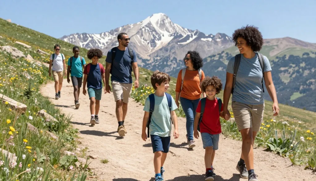 Happy family with children exploring nature trails in Colorado mountains with Pikes Peak in background