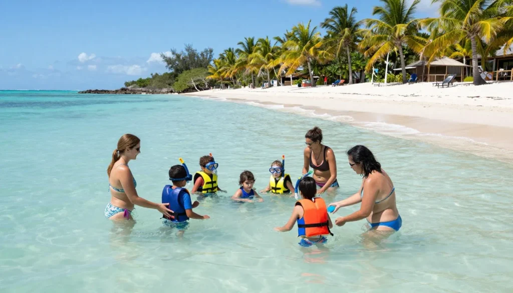 Happy family with children playing and swimming in shallow calm Caribbean waters