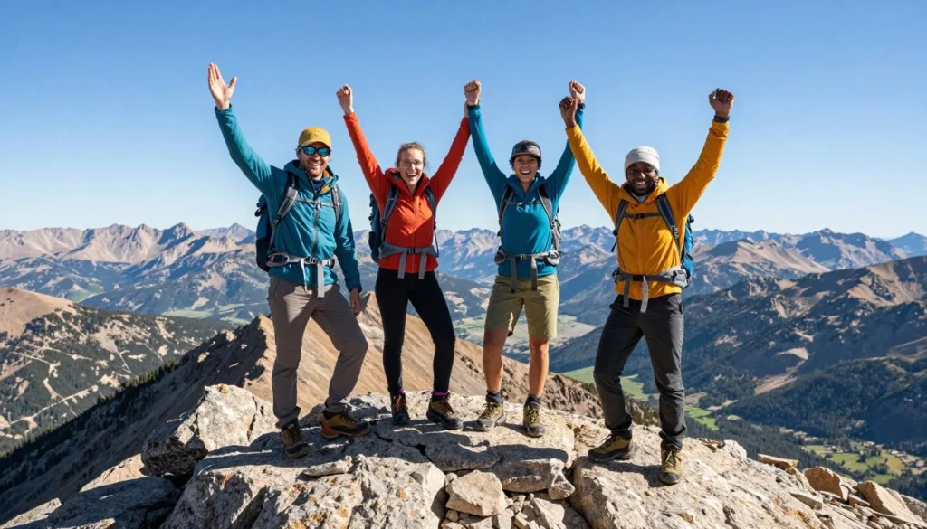 Happy hikers celebrating on Sunshine Peak summit with mountain panorama views Happy hikers celebrating on Sunshine Peak summit with mountain panorama views