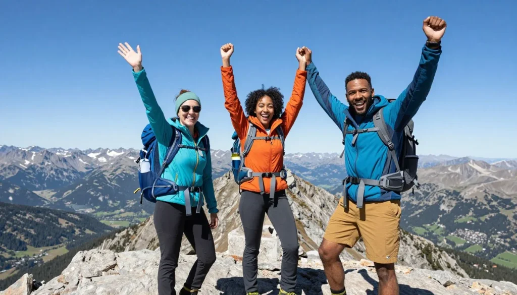 Happy hikers celebrating summit success on Uncompahgre Peak with mountain ranges visible in background Happy hikers celebrating summit success on Uncompahgre Peak with mountain ranges visible in background