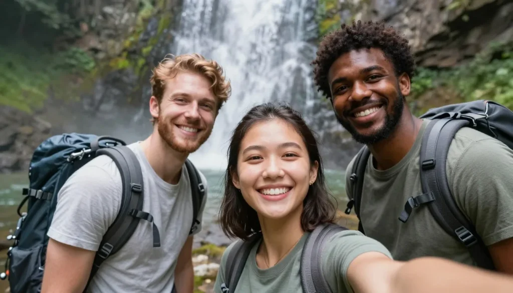 Happy hikers posing for photo near waterfall Happy hikers posing for photo near waterfall