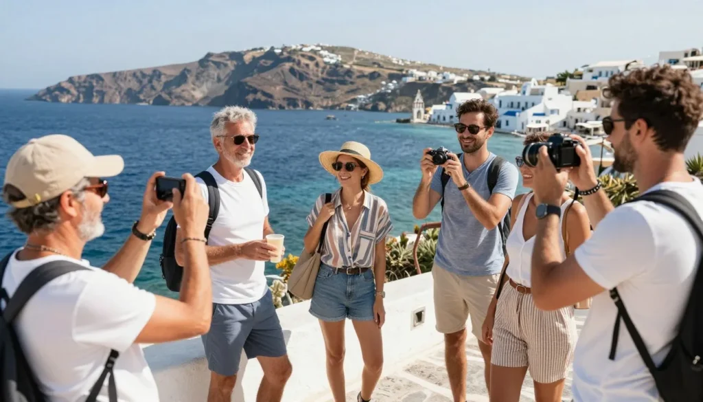 Happy tourists enjoying Mediterranean island scenery and attractions