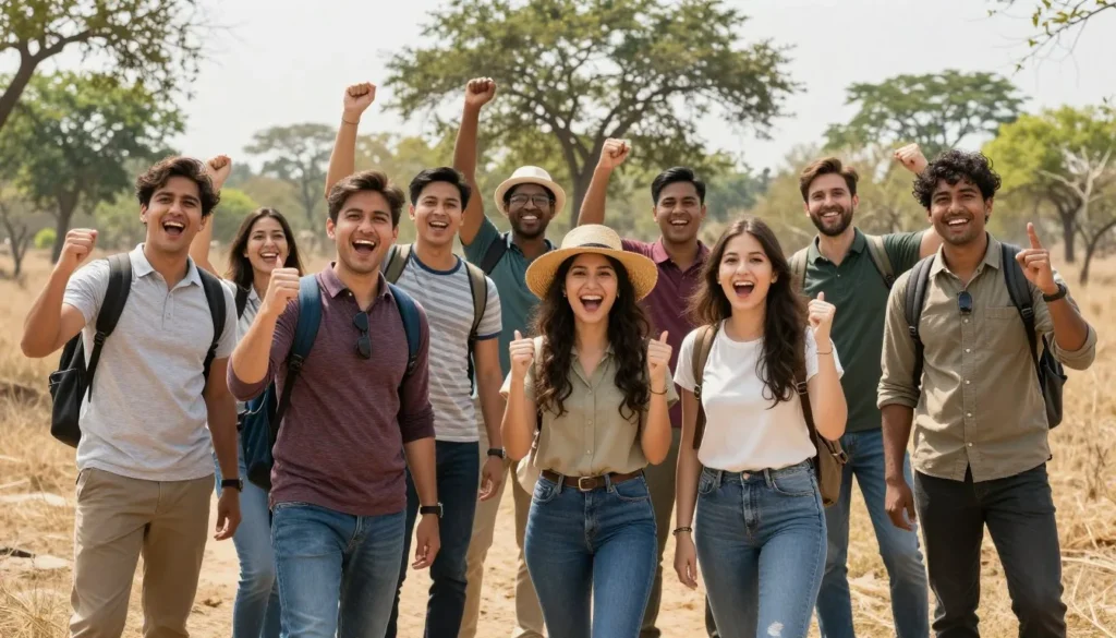 Happy tourists sharing experiences after successful tiger sighting safari in Ranthambore