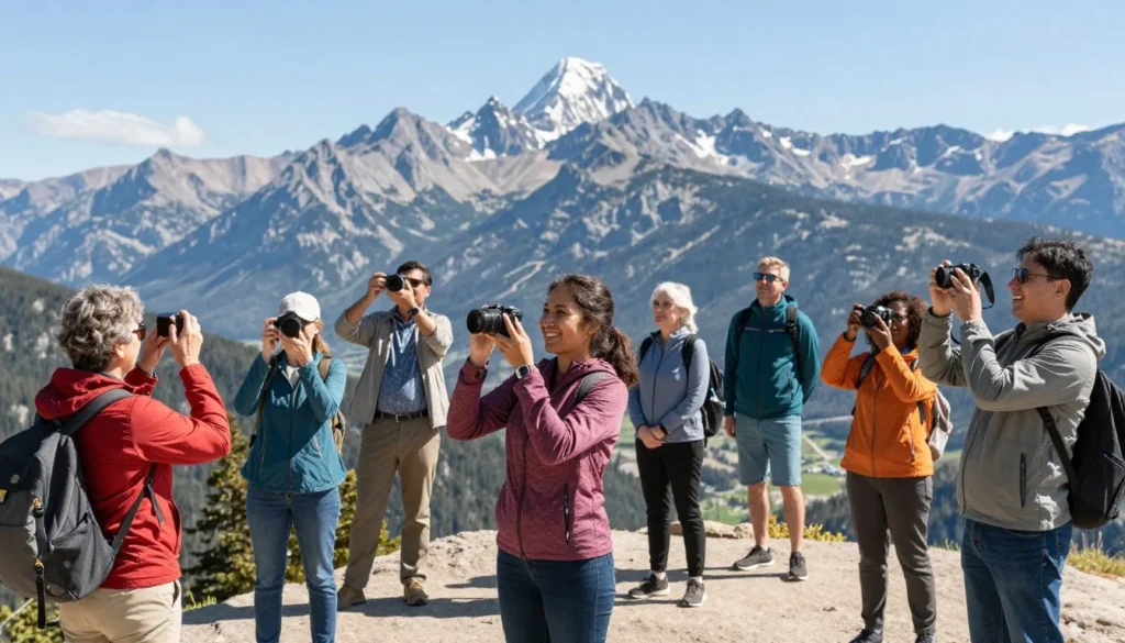 Happy tourists sharing their experiences at Rocky Mountain National Park overlook Happy tourists sharing their experiences at Rocky Mountain National Park overlook