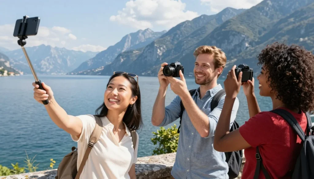 Happy tourists taking photos at scenic Lake Garda viewpoint with stunning backdrop Happy tourists taking photos at scenic Lake Garda viewpoint with stunning backdrop
