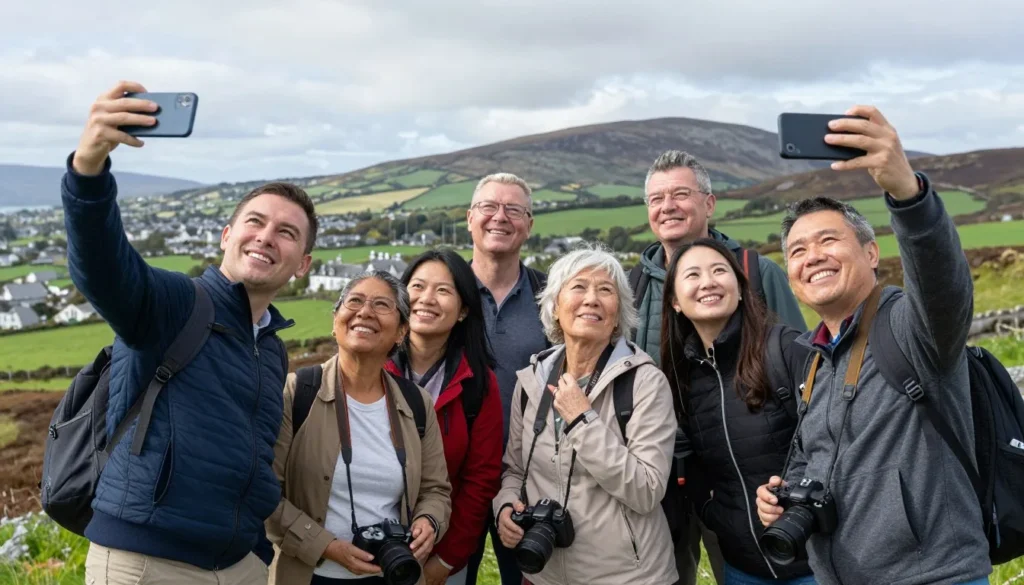 Happy tourists taking photos at scenic location near Tralee Happy tourists taking photos at scenic location near Tralee