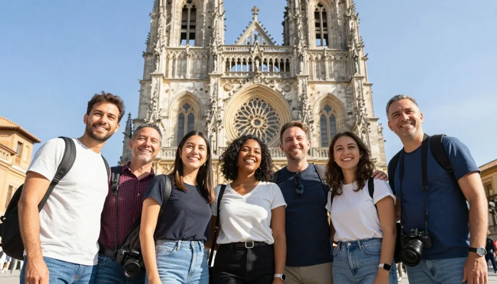 Happy tourists taking photos in front of Leon Cathedral
