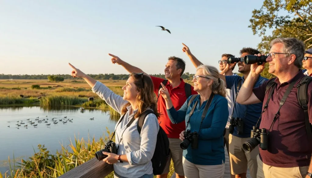 Happy visitors at Two Ponds National Wildlife Refuge viewpoint Happy visitors at Two Ponds National Wildlife Refuge viewpoint