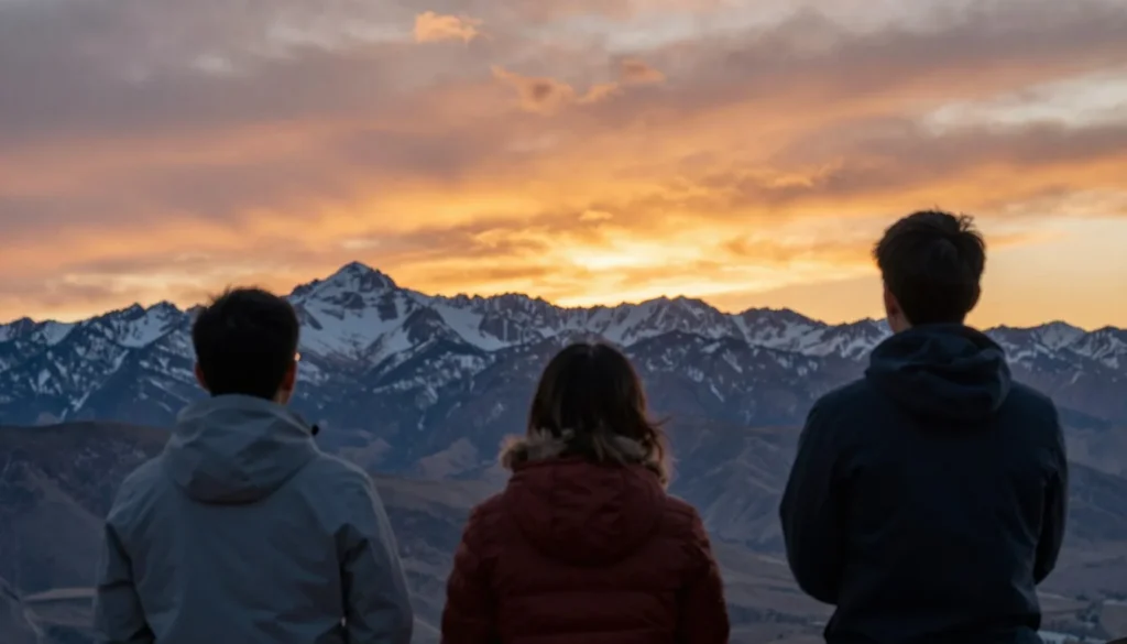 Happy visitors enjoying mountain sunset view