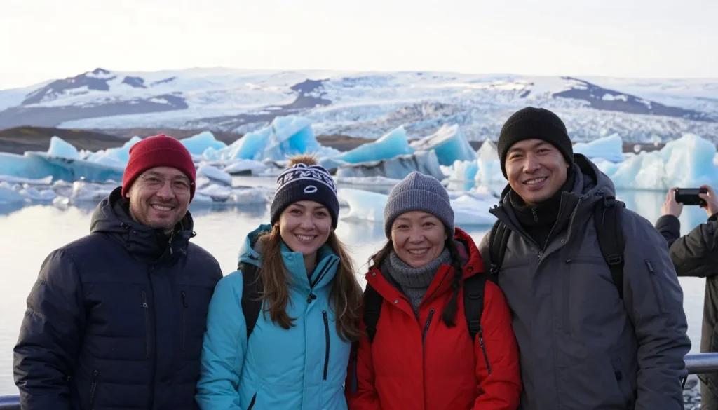 Happy visitors enjoying their experience at Jokulsarlon Glacier Lagoon Happy visitors enjoying their experience at Jokulsarlon Glacier Lagoon