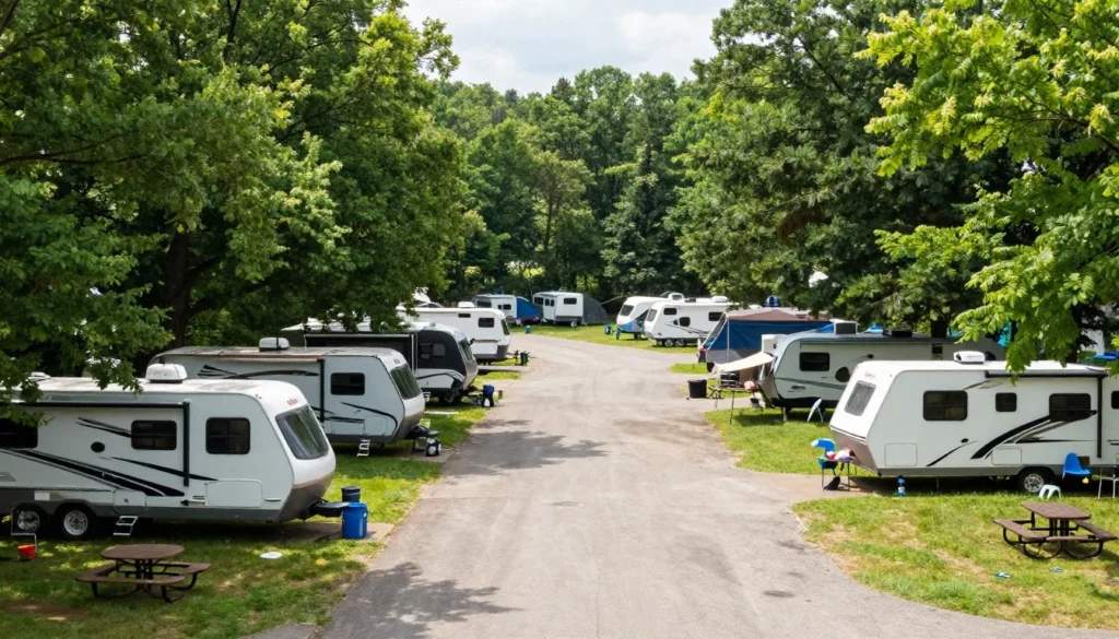 Harrison Bay State Park campground with RVs and tents among trees Harrison Bay State Park campground with RVs and tents among trees