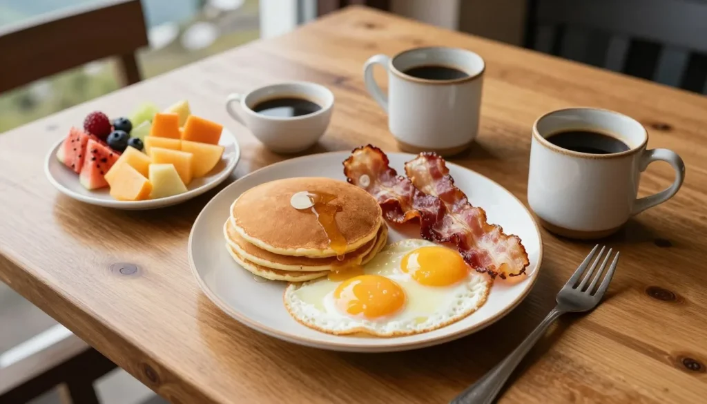 Hearty mountain breakfast spread with pancakes eggs and coffee at Colorado mountain restaurant Hearty mountain breakfast spread with pancakes eggs and coffee at Colorado mountain restaurant