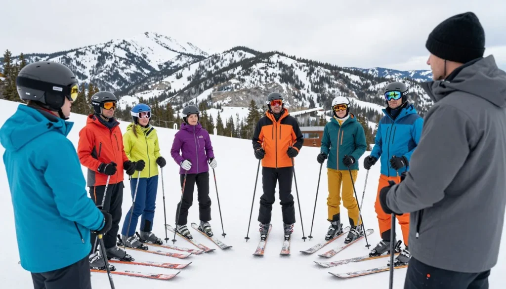 Heli-ski guide conducting safety briefing with diverse group of skiers in Ruby Mountains Heli-ski guide conducting safety briefing with diverse group of skiers in Ruby Mountains