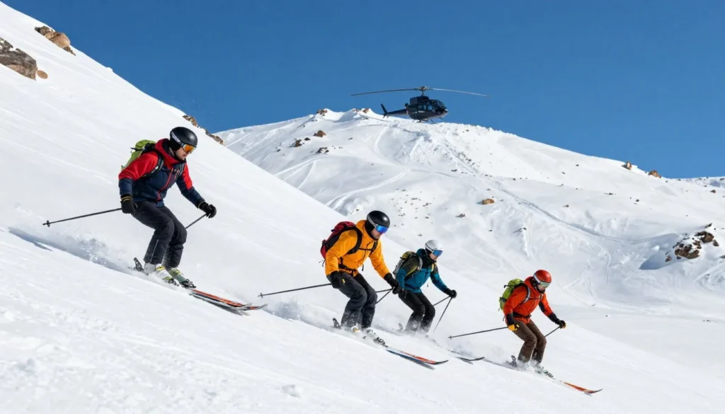 Heli-skiers descending powder slope in Ruby Mountains Nevada Heli-skiers descending powder slope in Ruby Mountains Nevada