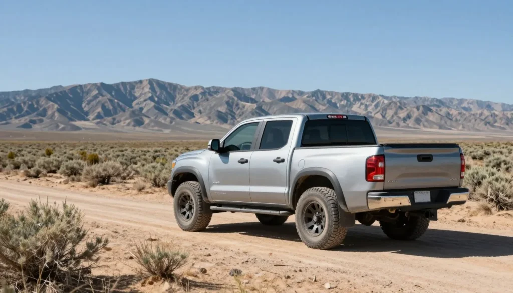 High clearance vehicle parked near Spencer Hot Springs with desert landscape