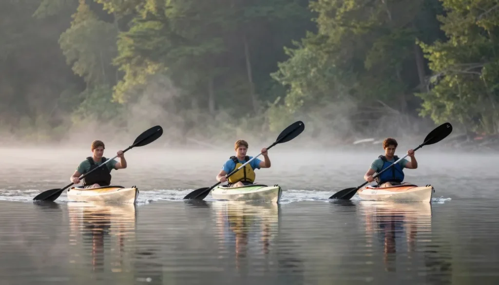 Highland Rim Tennessee kayakers on calm lake Highland Rim Tennessee kayakers on calm lake