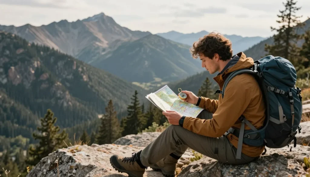 Hiker checking map and compass on Ruby Crest Trail Hiker checking map and compass on Ruby Crest Trail
