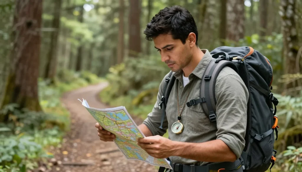Hiker checking map and compass on mountain trail Hiker checking map and compass on mountain trail