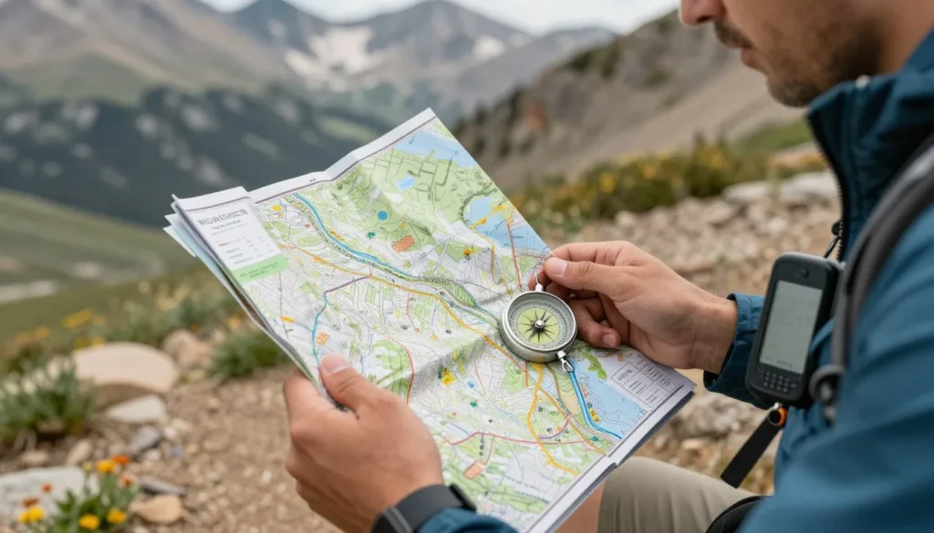 Hiker checking map and compass on mountain trail with navigation equipment Hiker checking map and compass on mountain trail with navigation equipment