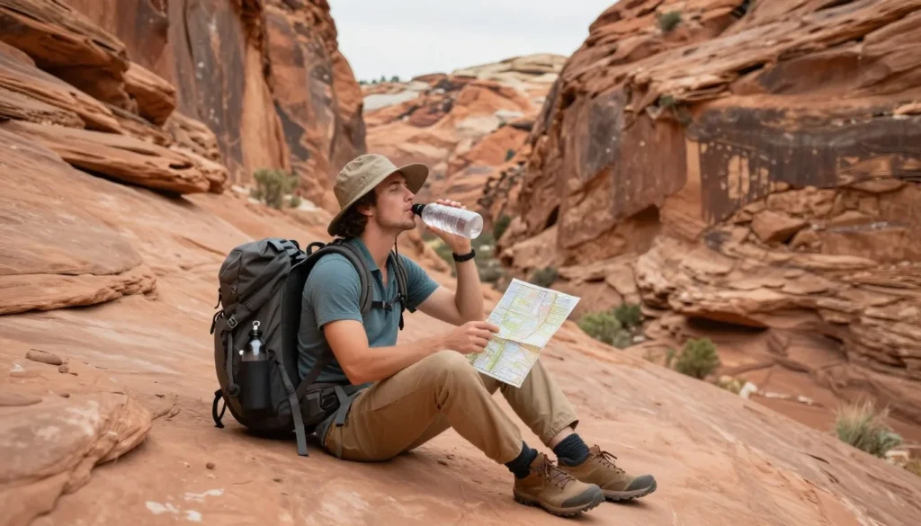 Hiker checking map and drinking water on trail with canyon landscape Hiker checking map and drinking water on trail with canyon landscape