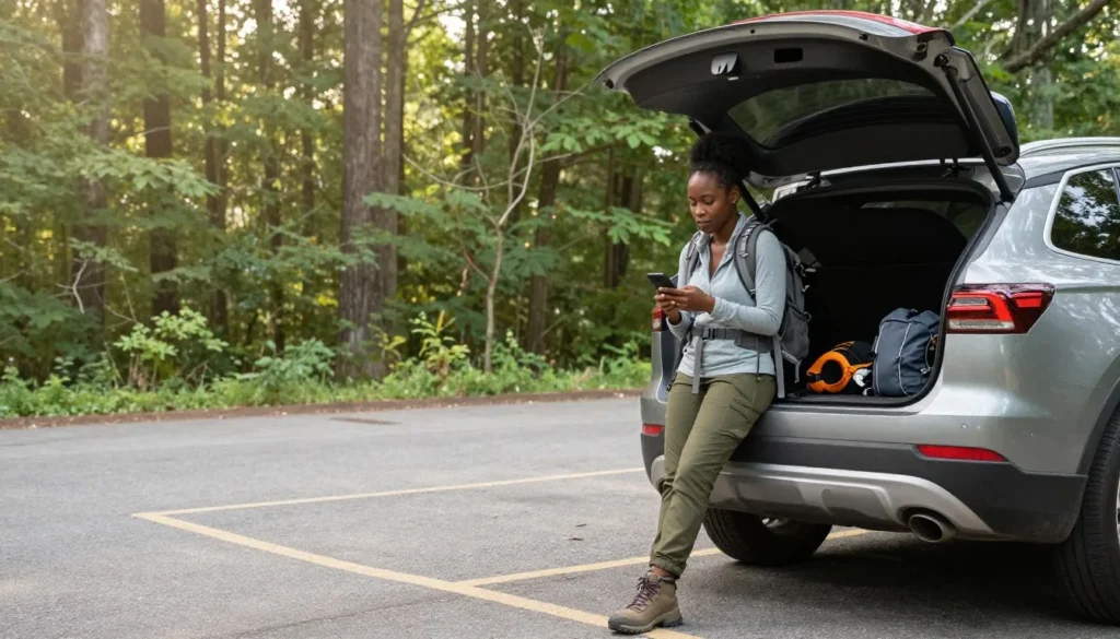 Hiker checking trail condition and weather on smartphone at trailhead parking area Hiker checking trail condition and weather on smartphone at trailhead parking area