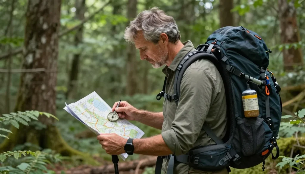 Hiker checking trail map and compass for navigation at Gorges State Park Hiker checking trail map and compass for navigation at Gorges State Park