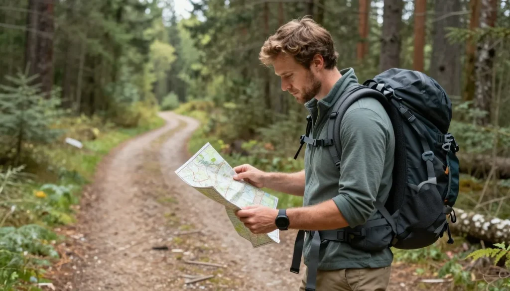 Hiker checking trail map at mountain junction