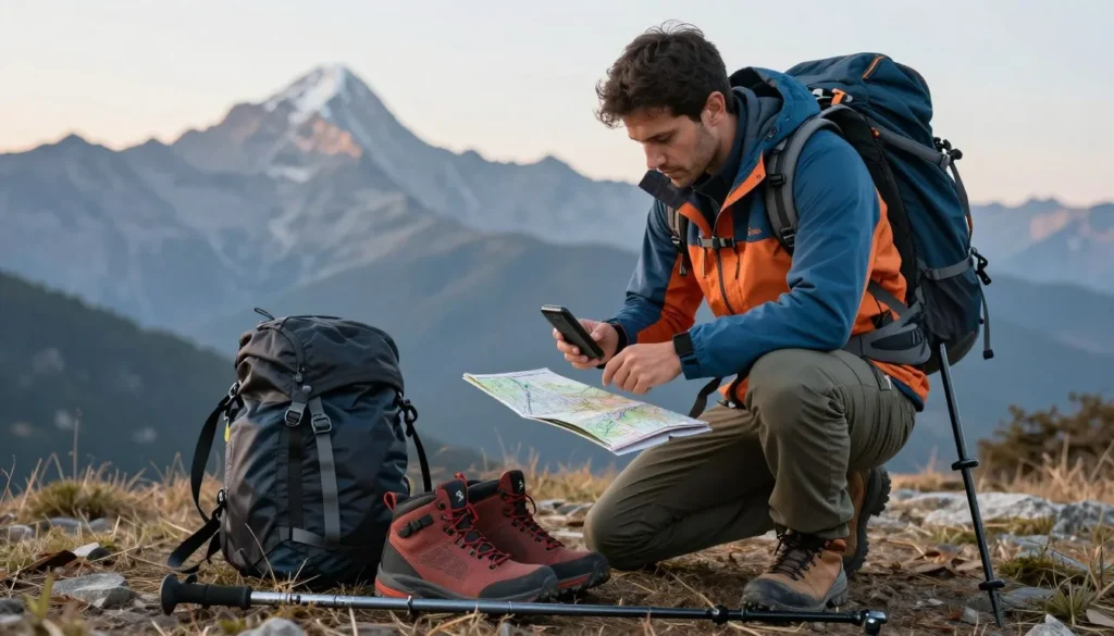 Hiker checking weather and gear before ascending Uncompahgre Peak trail in Colorado mountains Hiker checking weather and gear before ascending Uncompahgre Peak trail in Colorado mountains