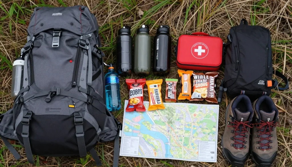 Hiker organizing backpack with essential gear displayed Hiker organizing backpack with essential gear displayed
