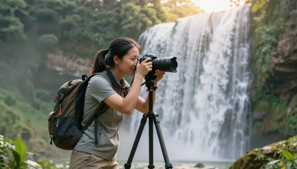 Hiker photographing Conasauga Falls waterfall in afternoon light Hiker photographing Conasauga Falls waterfall in afternoon light