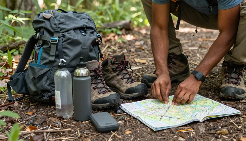 Hiker preparing equipment for Bobs Creek State Natural Area visit Hiker preparing equipment for Bobs Creek State Natural Area visit