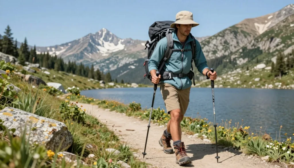 Hiker with backpack and proper gear on mountain trail