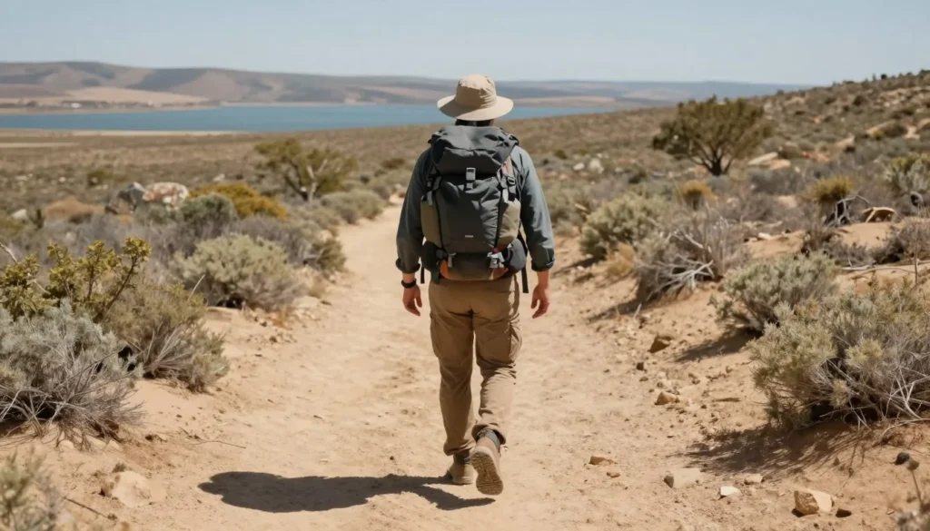 Hiker with backpack on trail near Piute State Park Hiker with backpack on trail near Piute State Park