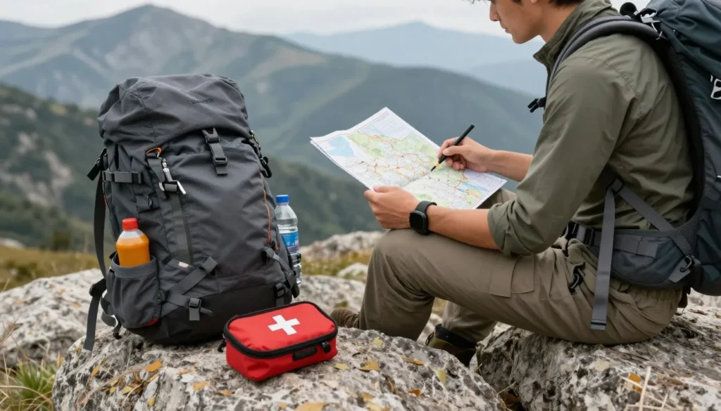 Hiker with safety gear and map planning route in Raft River Mountains Hiker with safety gear and map planning route in Raft River Mountains