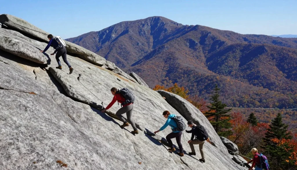 Hikers ascending rocky Grandfather Trail with dramatic mountain views and exposed granite formations Hikers ascending rocky Grandfather Trail with dramatic mountain views and exposed granite formations