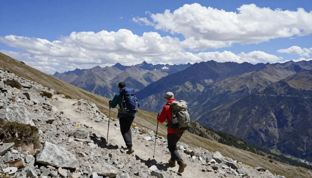Hikers ascending rocky trail with panoramic mountain views in Raft River range Hikers ascending rocky trail with panoramic mountain views in Raft River range