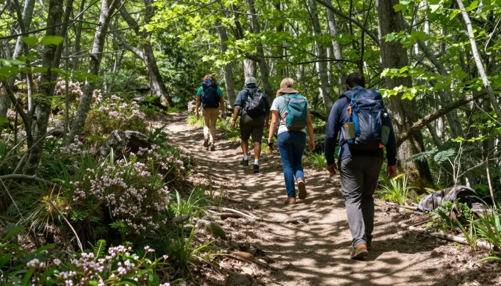 Hikers ascending summit trail at Elk Knob State Park through mountain forest Hikers ascending summit trail at Elk Knob State Park through mountain forest