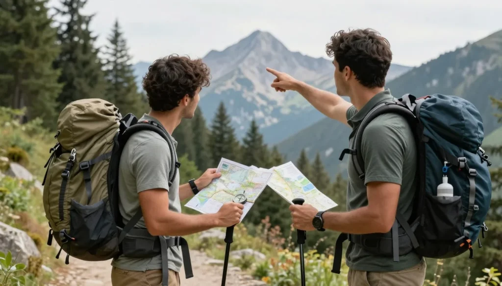 Hikers checking map and compass in Ruby Mountains backcountry
