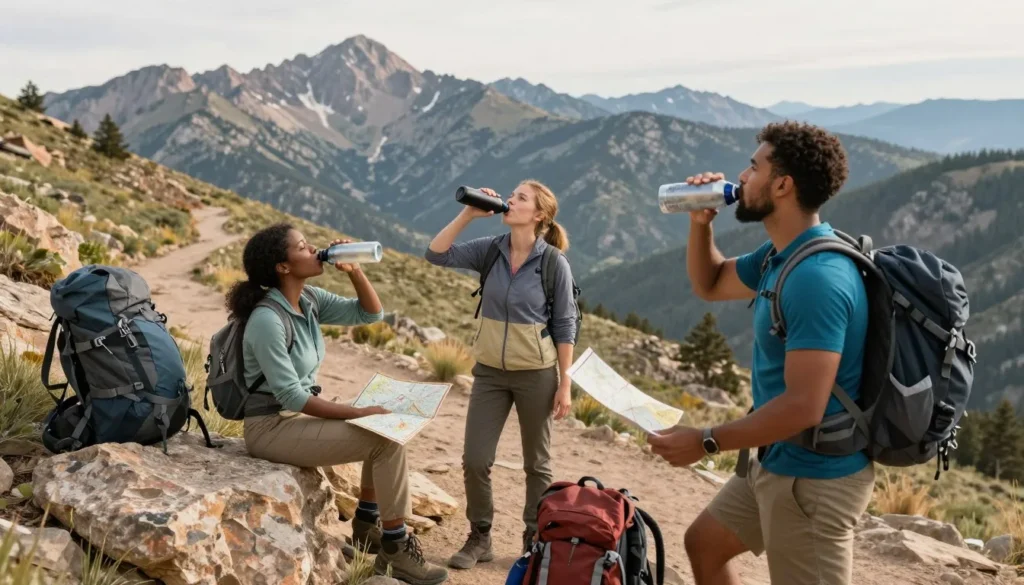 Hikers checking map and drinking water on La Sal Mountains trail Hikers checking map and drinking water on La Sal Mountains trail