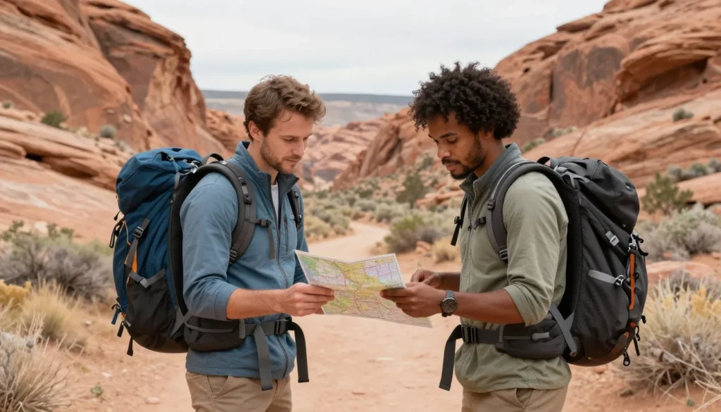 Hikers checking map on trail in canyon Hikers checking map on trail in canyon