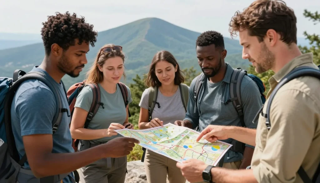 Hikers checking weather conditions and trail map before beginning mountain hike Hikers checking weather conditions and trail map before beginning mountain hike