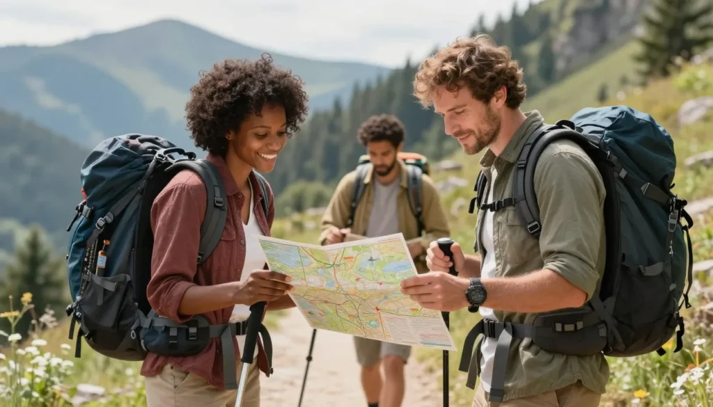 Hikers consulting trail map at trailhead