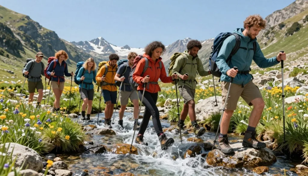 Hikers crossing alpine stream on Uncompahgre Peak trail with colorful backpacks and trekking poles in Colorado wilderness Hikers crossing alpine stream on Uncompahgre Peak trail with colorful backpacks and trekking poles in Colorado wilderness